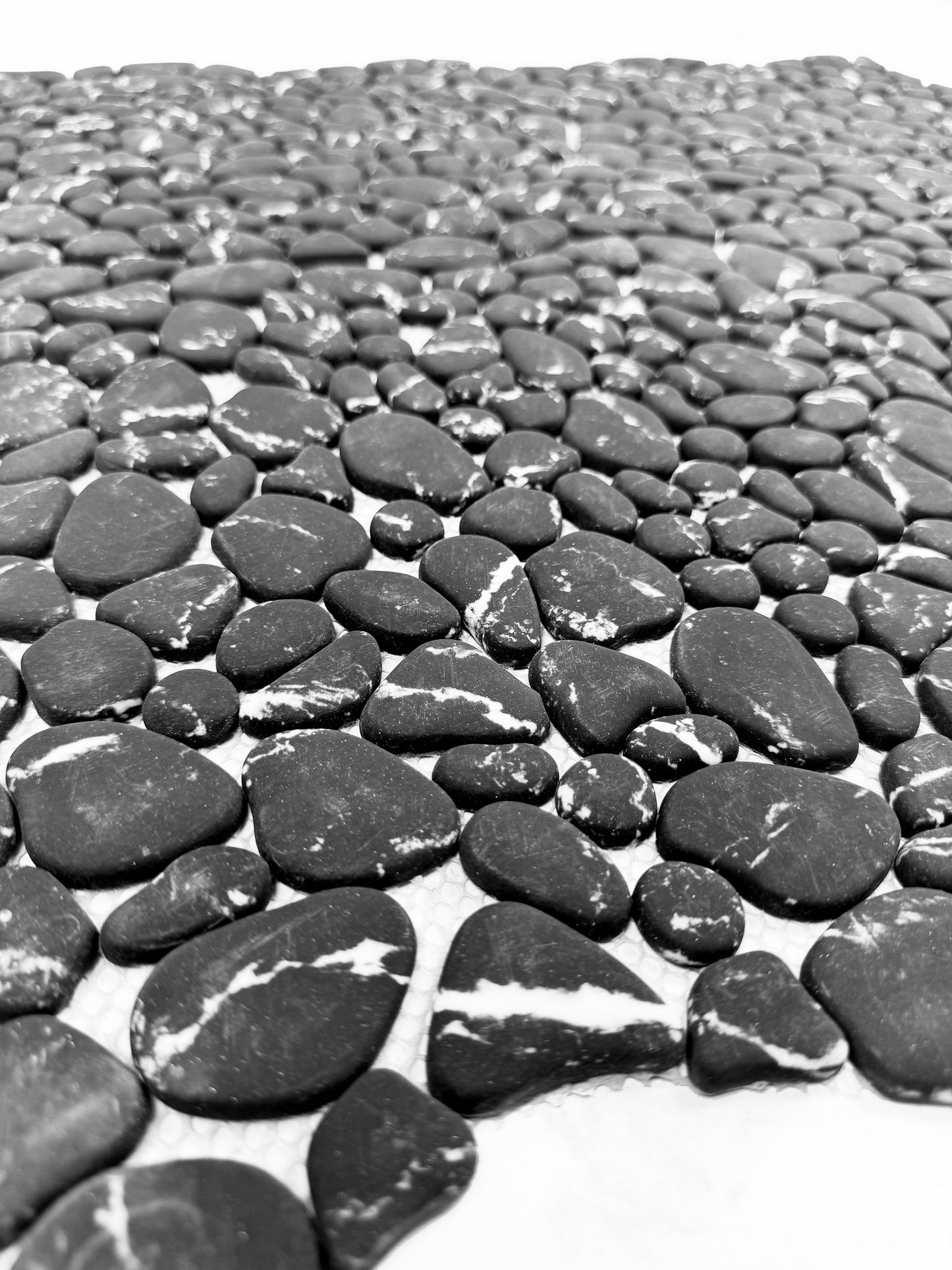 Pebble Serenade Black With White Vein Semi-Matte Irregular Round Shape Artificial Pebble Stone Mosaic