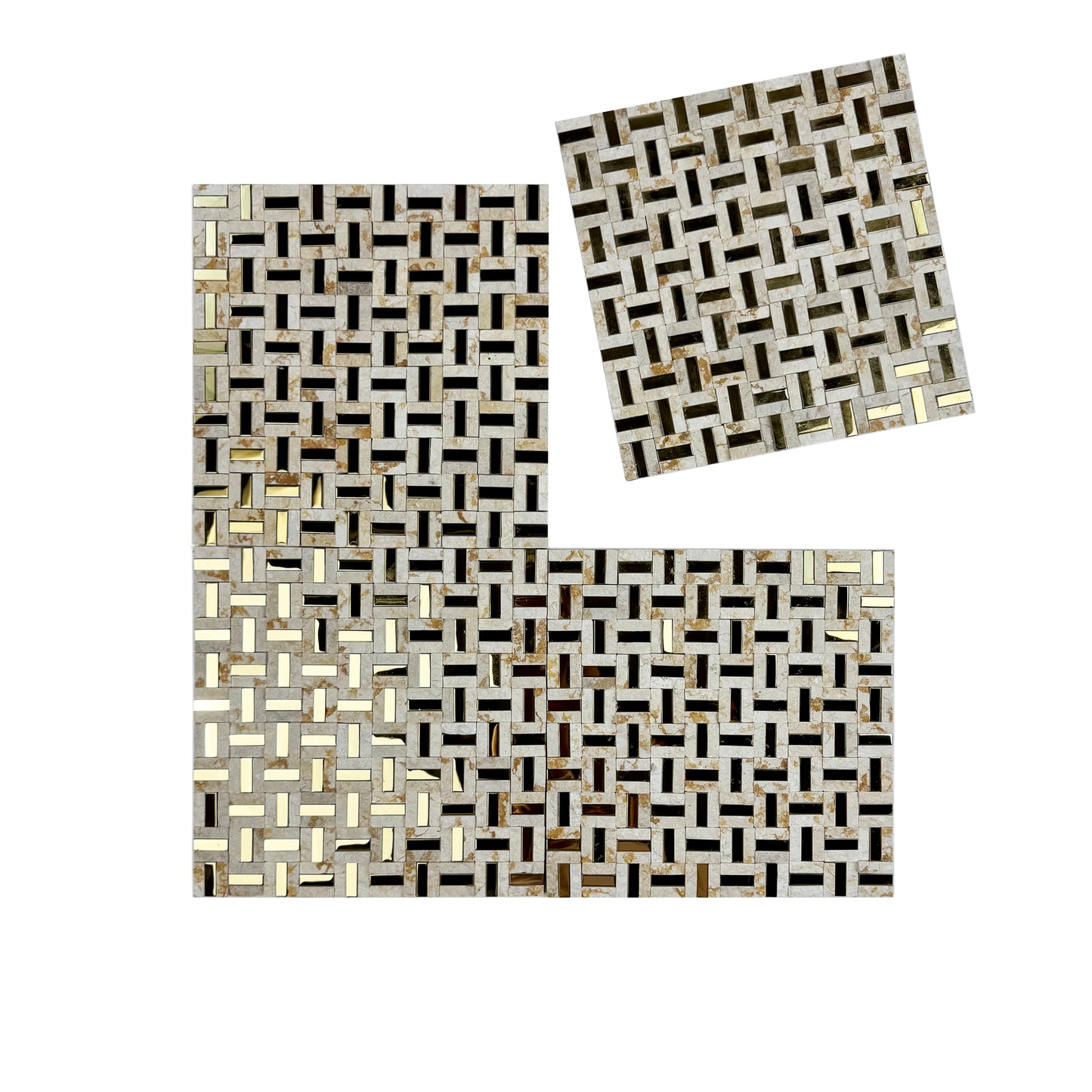 Radiant Eclipse Sunny Beige & Golden Stainless Steel Split Woven Shape Marble Mosaic