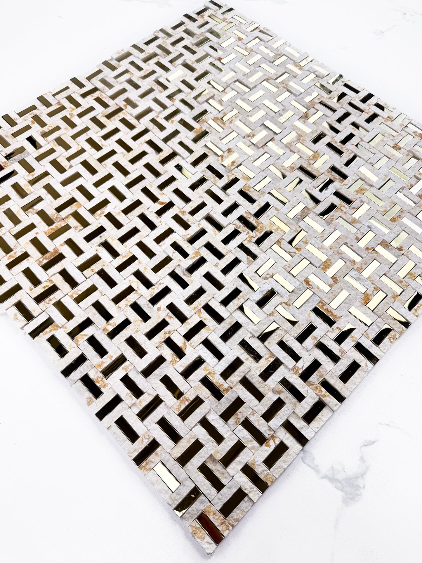 Radiant Eclipse Sunny Beige & Golden Stainless Steel Split Woven Shape Marble Mosaic