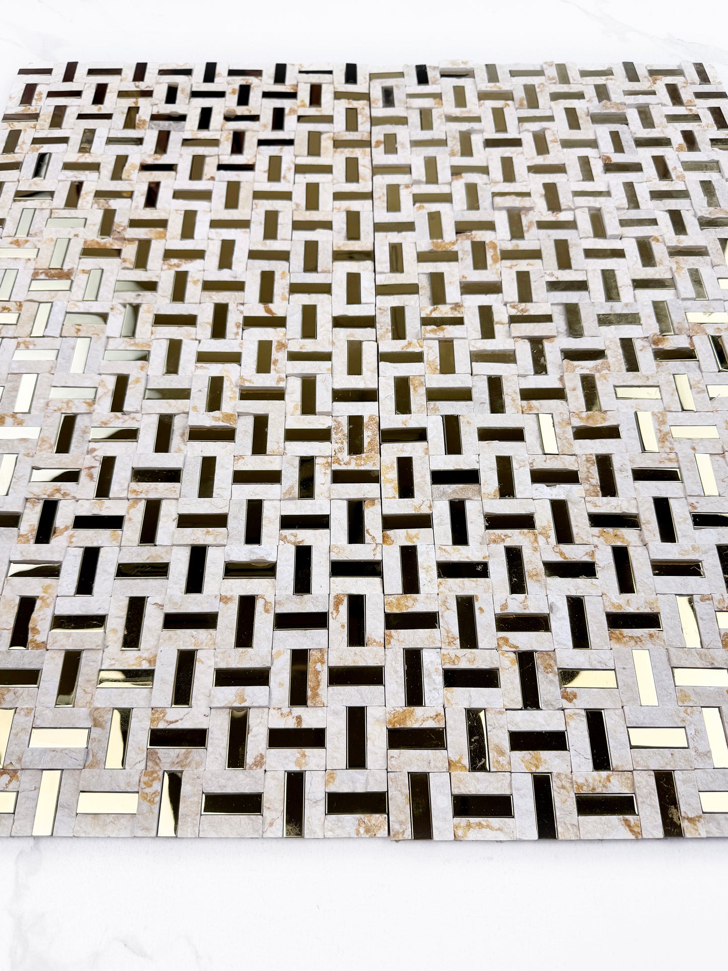 Radiant Eclipse Sunny Beige & Golden Stainless Steel Split Woven Shape Marble Mosaic