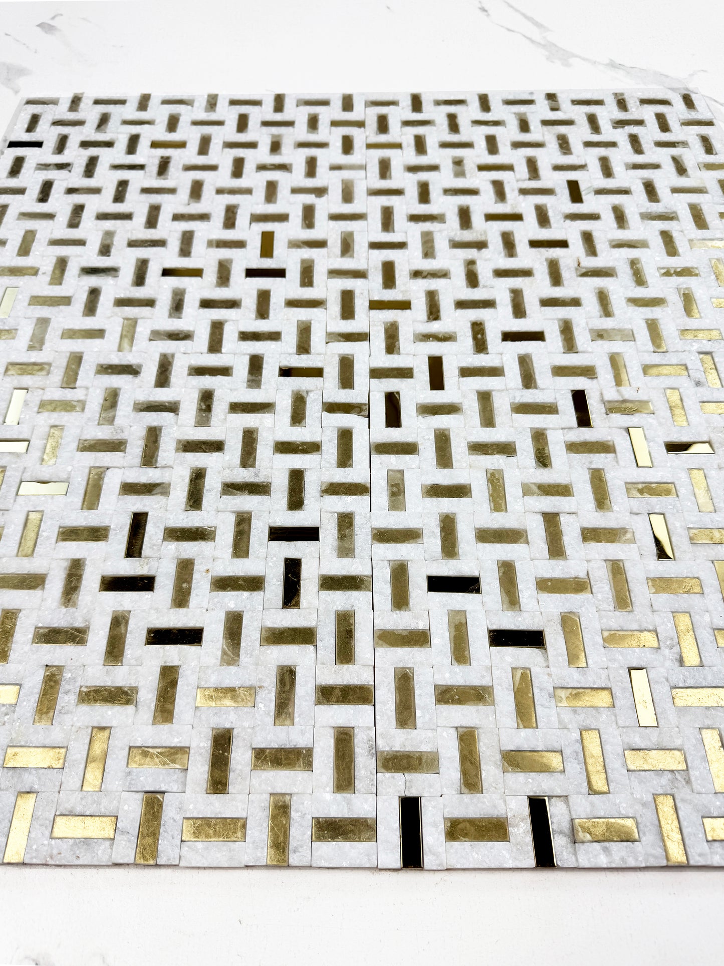 Radiant Eclipse Kwong Sal White & Gold Stainless Steel Split Woven Shape Marble Mosaic